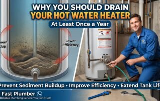Split screen infographic showing sediment buildup in a water heater and a technician draining it encouraging annual drainage of the tank