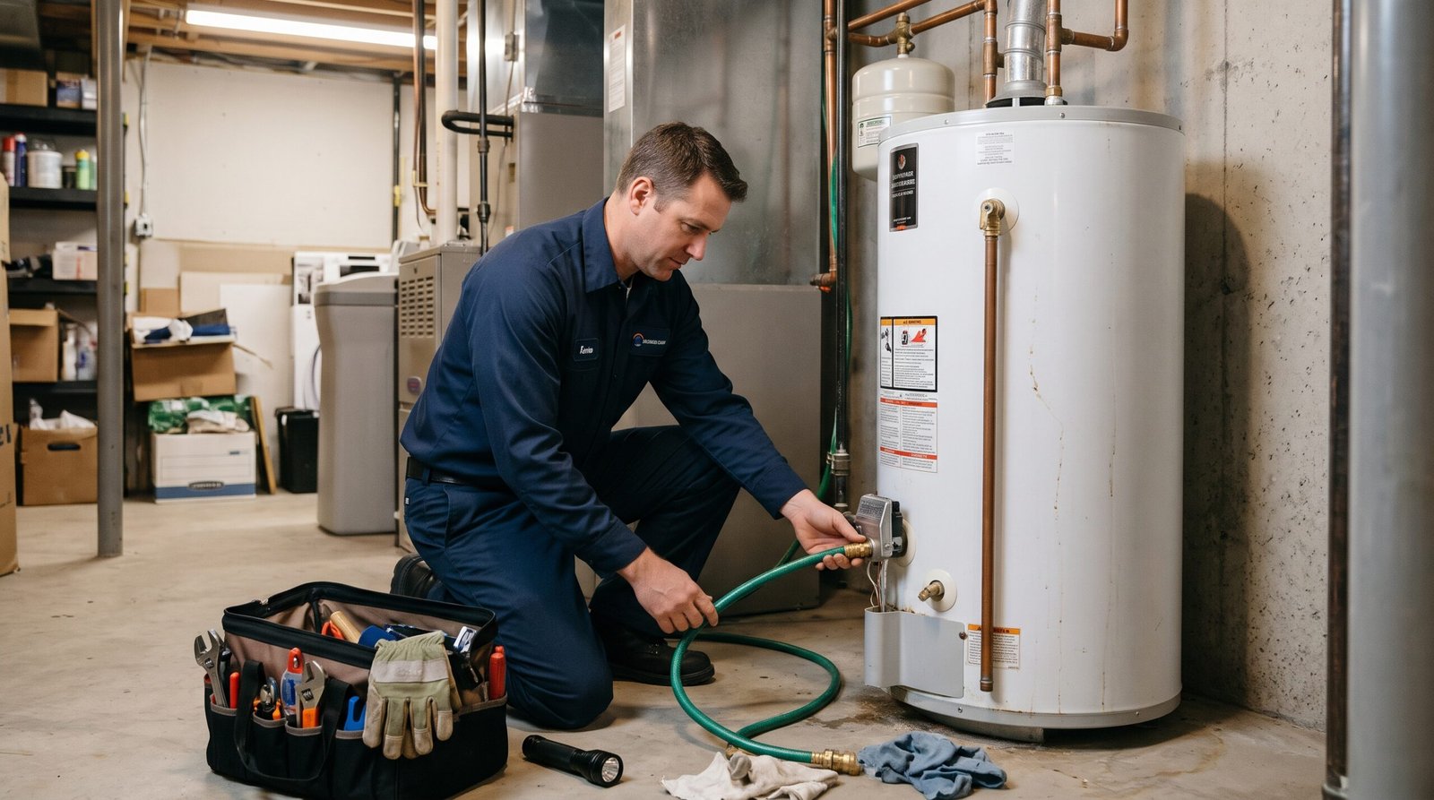 Sc-fast-plumber-professional-maintanance-service | sc fast plumber | 24/7 emergency plumbing & repair Technician in blue coveralls kneels by a tall white water heater connecting a green hose to a valve in a utility room