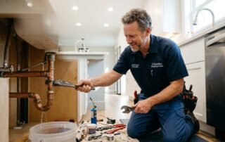 Plumber kneeling under a kitchen sink tightening copper pipes with a wrench with tools on the floor nearby