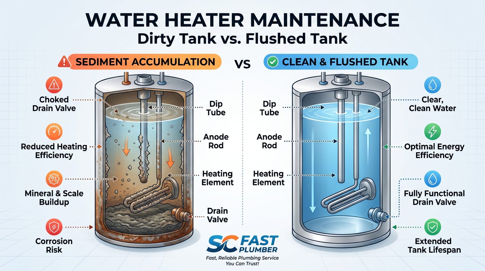 Water-heater-maintainance-sc-fast-plumber-near-you | sc fast plumber | 24/7 emergency plumbing & repair Infographic comparing a dirty sediment filled water heater on the left with a clean flushed tank on the right highlighting difference in maintenance and efficiency